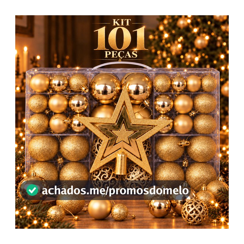 Kit Enfeites de Natal 101 Peças com Bolas Glitter Fosca Brilhante e Estrela 20cm