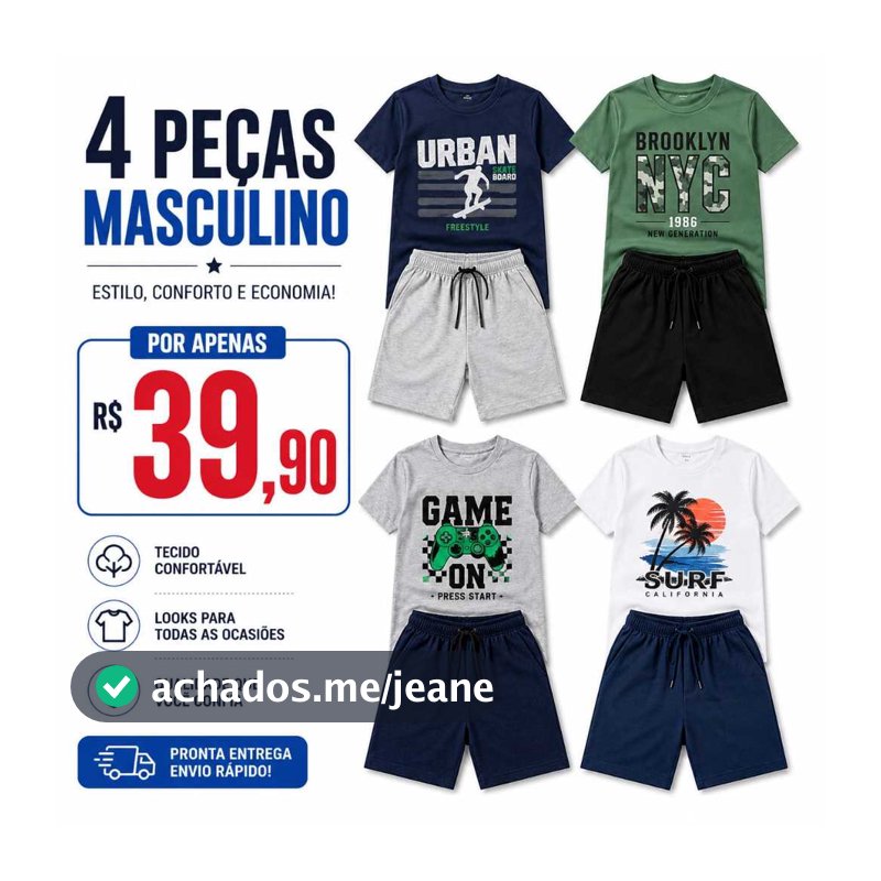 Kit 4 Peças Conjunto Infantil Bebê Menino Verão Algodão Promoção 2 Camisas 2 Shorts Envio Sortido
