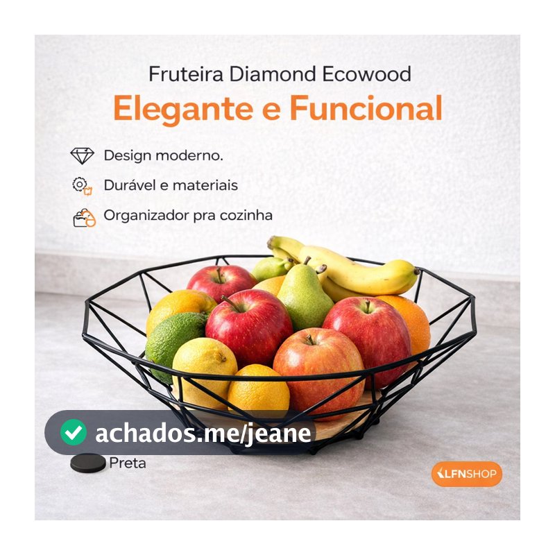 Fruteira de Mesa Preta Aço com Base de Madeira Ecowood Organizador de Frutas Cozinha Moderna