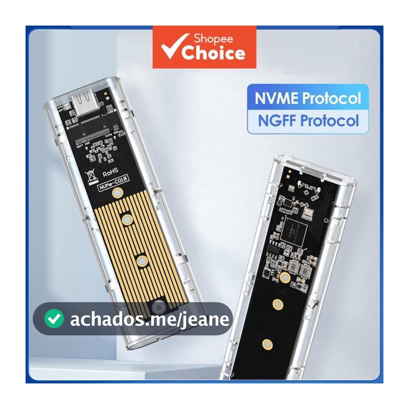 Gabinete transparente para SSD M.2 NVMe externo, suporte protocolo duplo NGFF