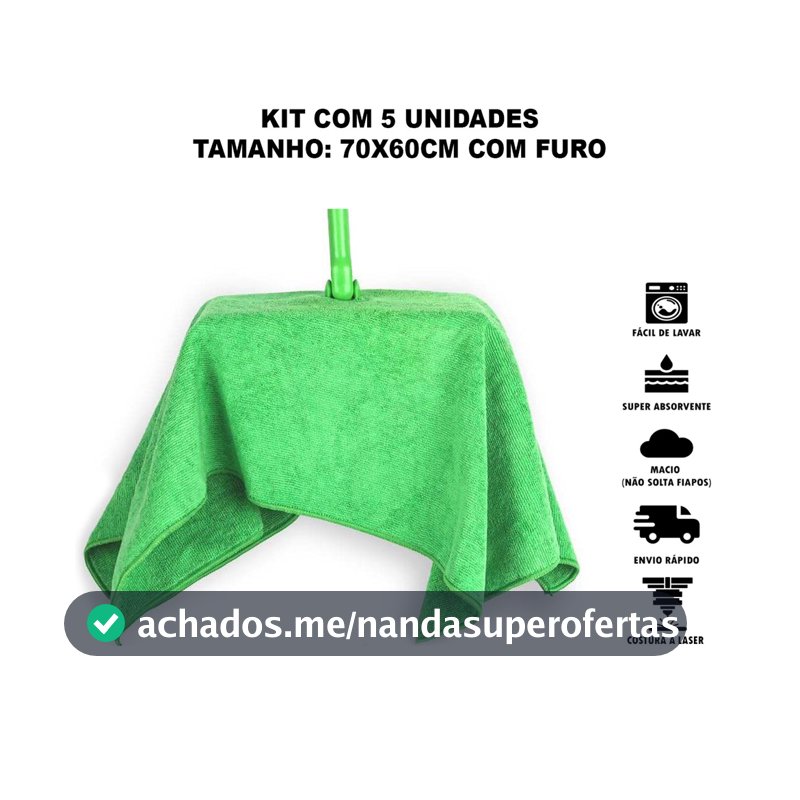 Kit 5 Panos de Chão Microfibra 70x60cm Furo para Rodo Limpeza