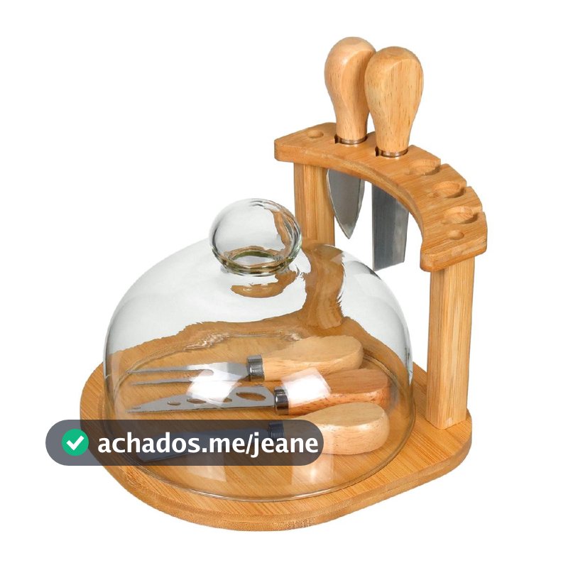 Jogo 7 Peças para Queijo Home&Co com Tampa de Vidro Bambu