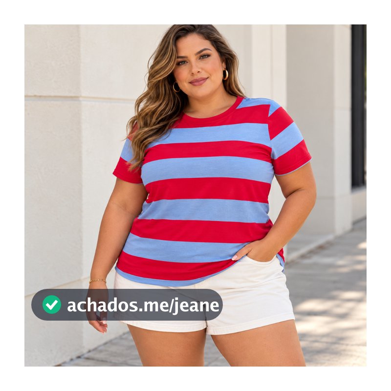 T-Shirt Feminina Plus Size Listrada Casual Manga Curta Gola Redonda Viscolycra Confortável Blusa Básica Moda Dia a Dia