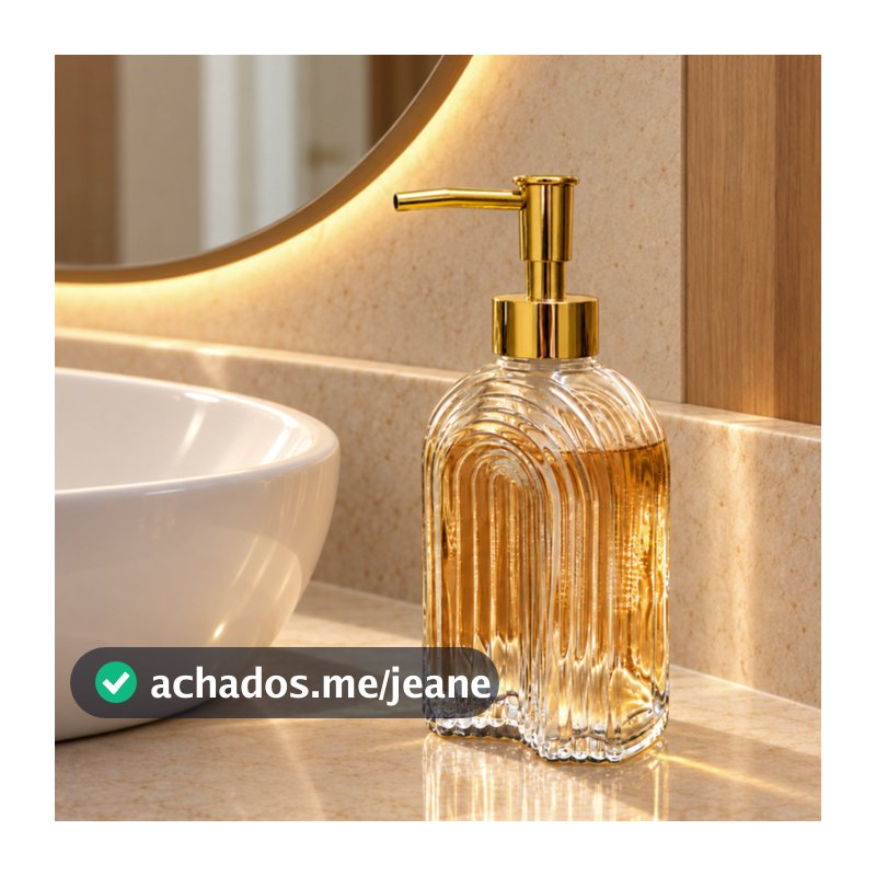 Porta Sabonete Líquido de Vidro 300ml com Pump Dourado ou Prata para Banheiro e Lavabo