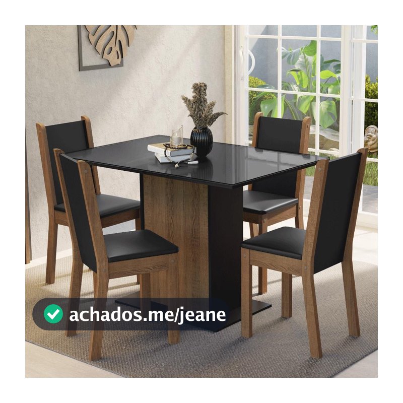 Conjunto Sala de Jantar Mesa Tampo de Vidro 4 Cadeiras Preto/Rustic Martina Madesa