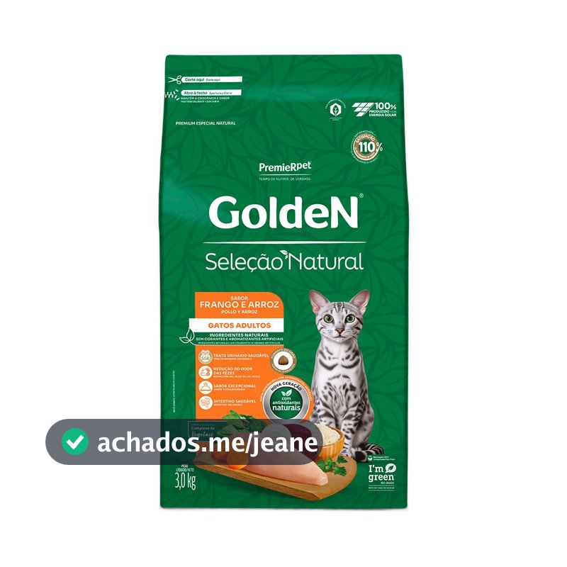 Ração Golden Seleção Natural Gatos Adultos Frango e Arroz 3kg