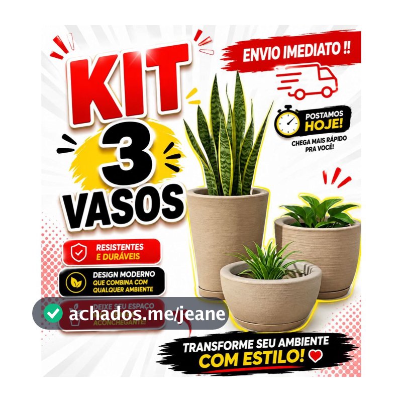 Kit Com 3 Vasos Decorativo de Planta Escovado Polietileno Com Prato Cone + Bojo + Bacia