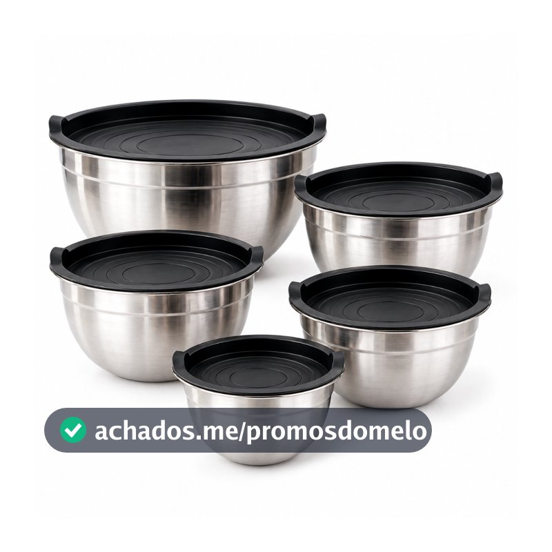 Kit 5 Bowls Tigelas Inox com Tampa para Cozinha Multiuso