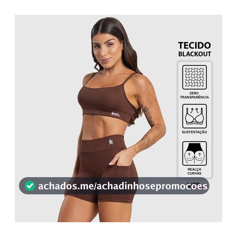 Conjunto Fitness Feminino Top Alça Short Bolso Cintura Alta Balance Blackout Zero Transparência
