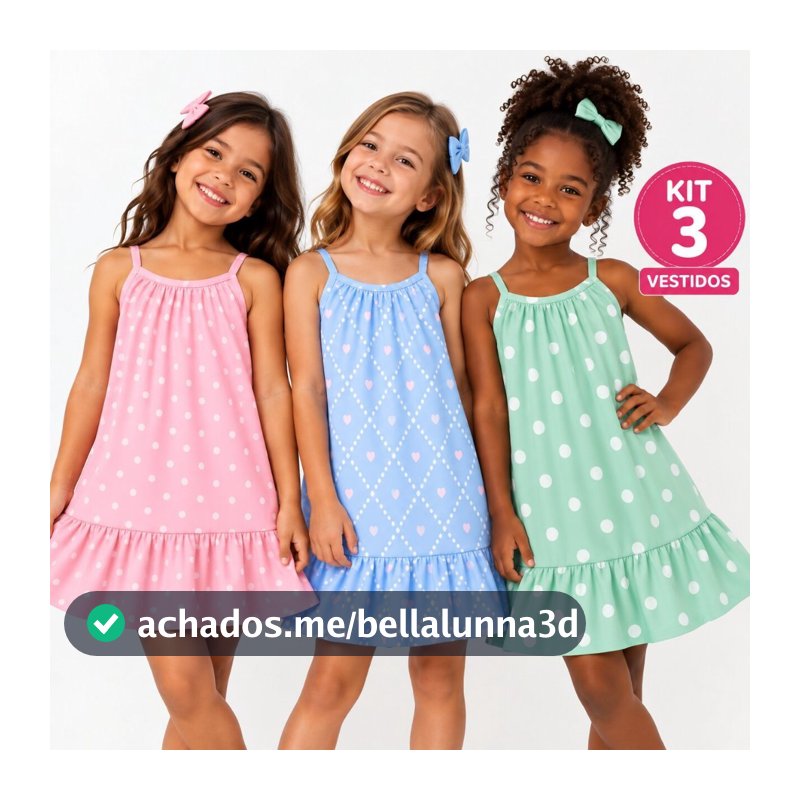Vestido Infantil Menina Kit Até 3 Pçs Alça Babado Feminino Verão Leve Franzido Tam 1 ao 8 Roupa de Festa praia