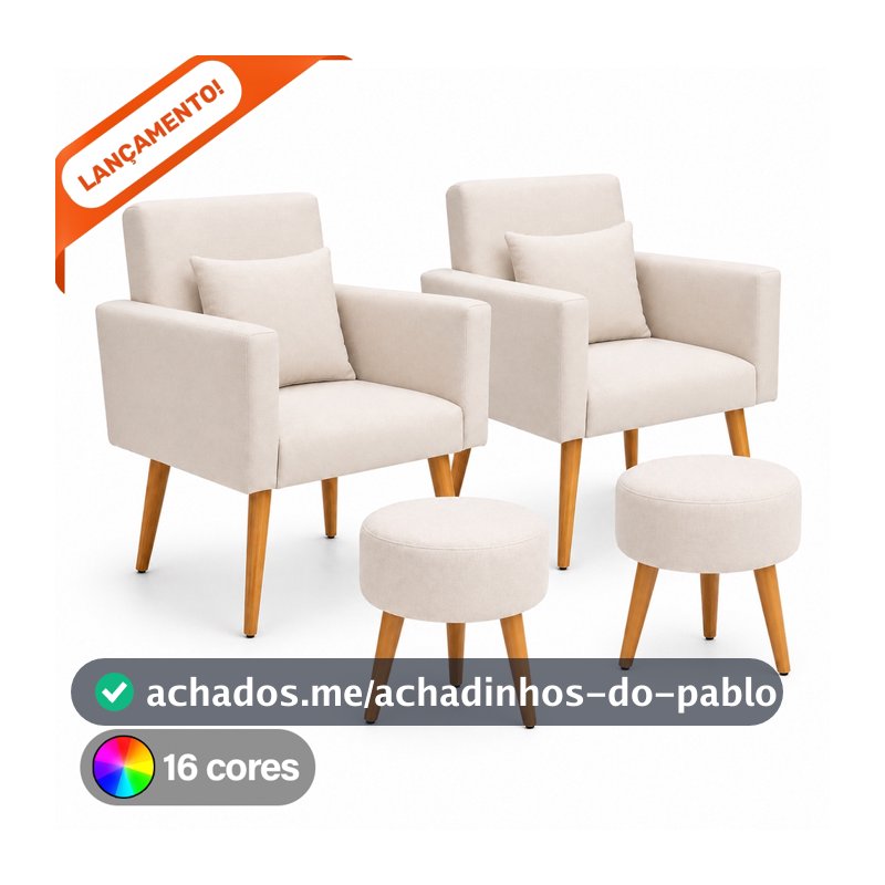 Conjunto 02 Poltronas Decorativas para Sala Nina com Almofadas e 02 Puff Redondo Suede Aninha Decor