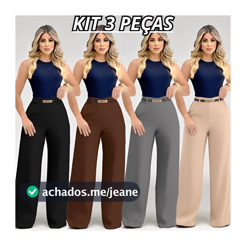 Kit 3 Calça Pantalona Alfaiataria Feminina Social Premium Com Cinto Bolso e Ziper Lateral PROMOÇÃO