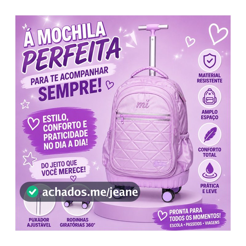 Mochila Infantil de Rodinhas Rosa Escolar com Alça Retrátil Rodinhas e Chaveiro