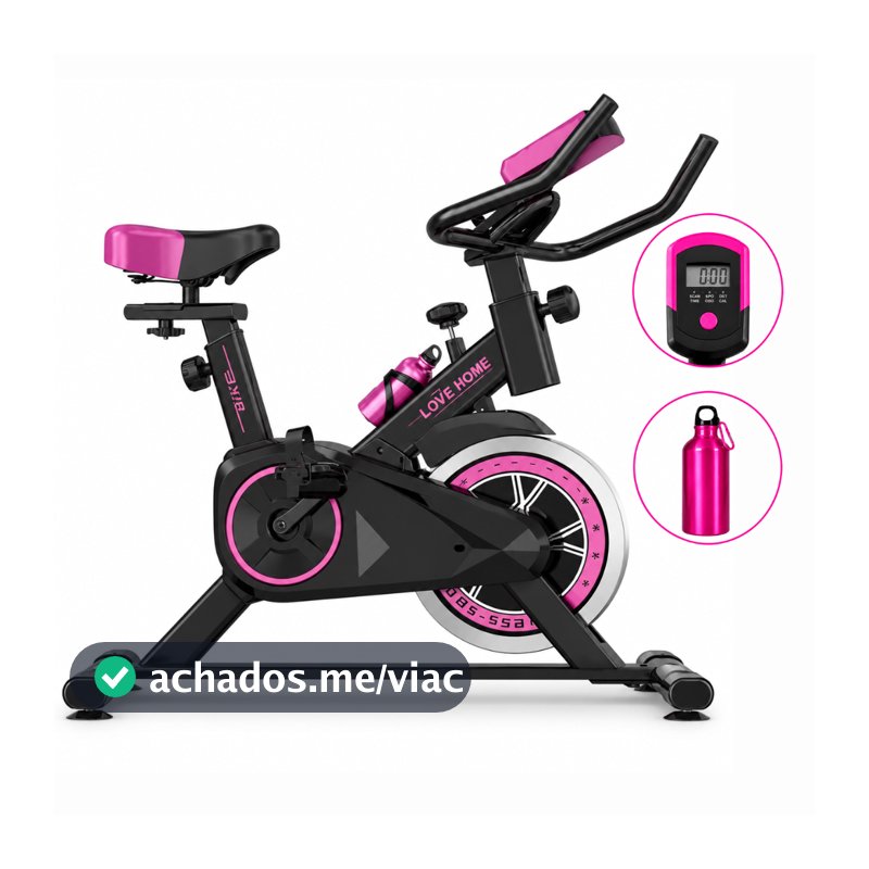 Bicicleta Ergométrica Spinning Fitness Ajustável Silenciosa Com Suporte Para Celular Até 120kg Rosa Vermelho Com Garrafa