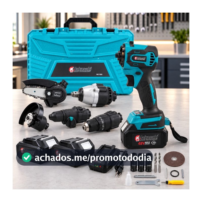 Kit Ferramentas 5 em 1 Nakasaki Baterias 48V Brushless Furadeira Martelete Motosserra Chave Impactoo