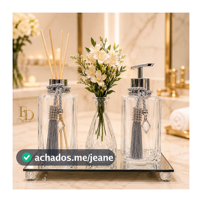 Kit Lavabo Luxo Vidro Difusor Saboneteira Bandeja - Square Transparente 250ml