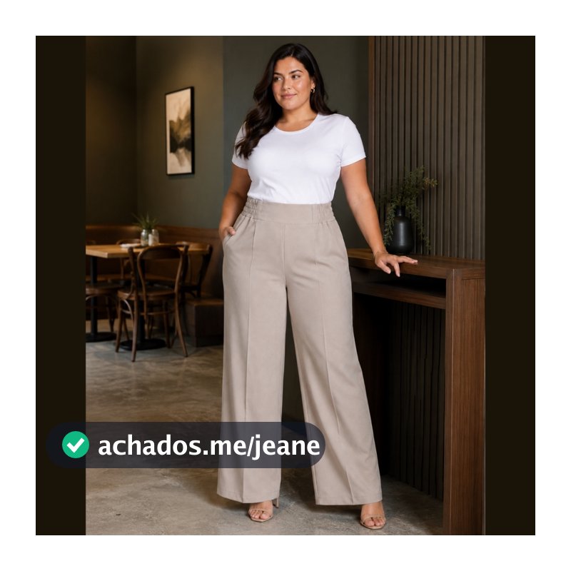 Calça Feminina Plus Size Wide Leg Alfaiataria Pantalona Cintura Alta com Elástico Bolsos Social Premium