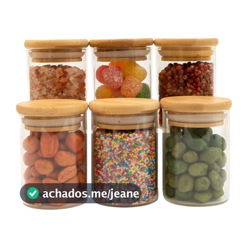 Kit 6 Porta Mantimentos Redondo em Vidro Borossilicato e Bambu 110ml