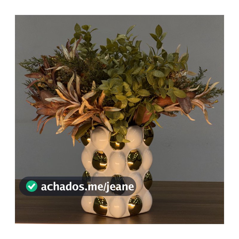 Vaso Cerâmica Pedras Branco Dourado Luxo Decorativo