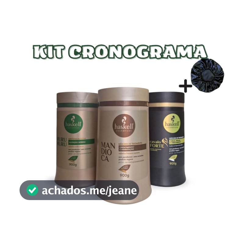 Kit Cronograma Haskell 900g Mant. Nutritiva Murumuru, Hidratação Mandioca, Reconstrução Cavalo Forte