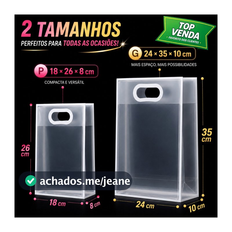 Kit 10/20/30/40 Sacola Transparente Presentes Premium com Borda Decorativa Tamanhos Pequeno eGrande Plástico Resistente