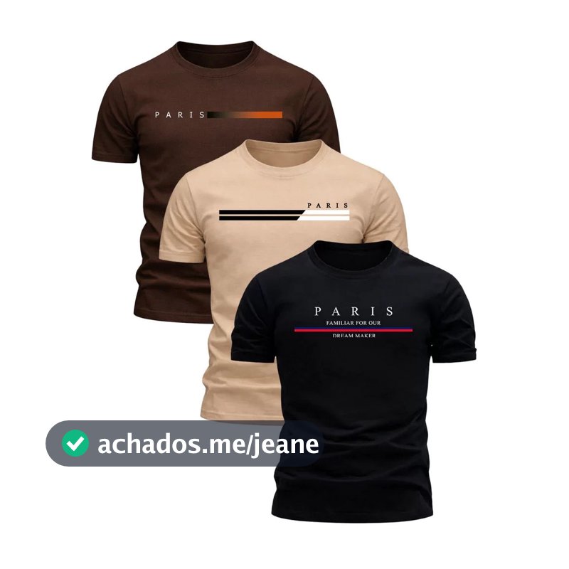 Kit 3 Camisetas Estampa Paris Minimalista Masculina 100% Algodão Fio 30.1 Slim Varias Cores Oferta