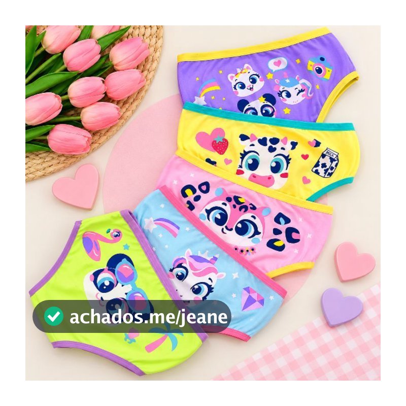 kit 5 Calcinhas Infantil de Algodão Estampa Bichinhos Colorido Confortável Desfraude Lisa Bebê Menina Personagens