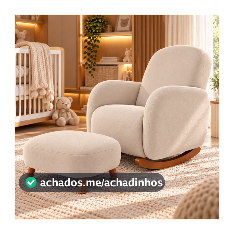 Poltrona Balanço Luxo Orgânica Boucle Bege ou Cinza com Puff para Sala Moderna