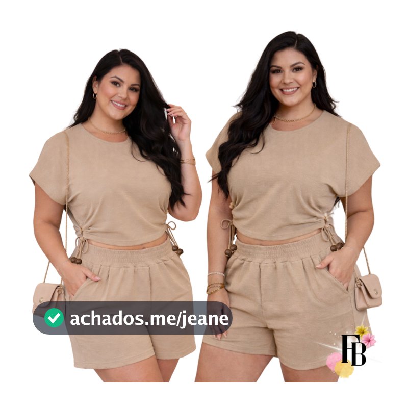 Conjunto Feminino Plus Size do 44 ao 54 Blusa e Short Cintura Alta Bolso Estiloso Chique Premium