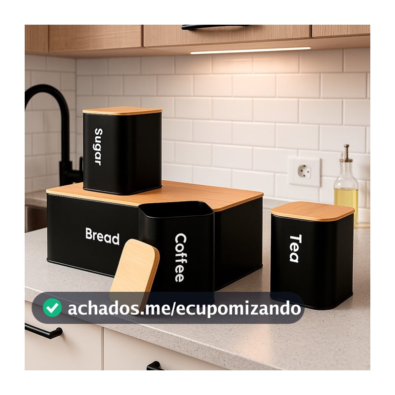 Kit 4 Potes de Metal com Tampa de Bambu – Organizador Hermético para Café, Açúcar, Chá e Pão