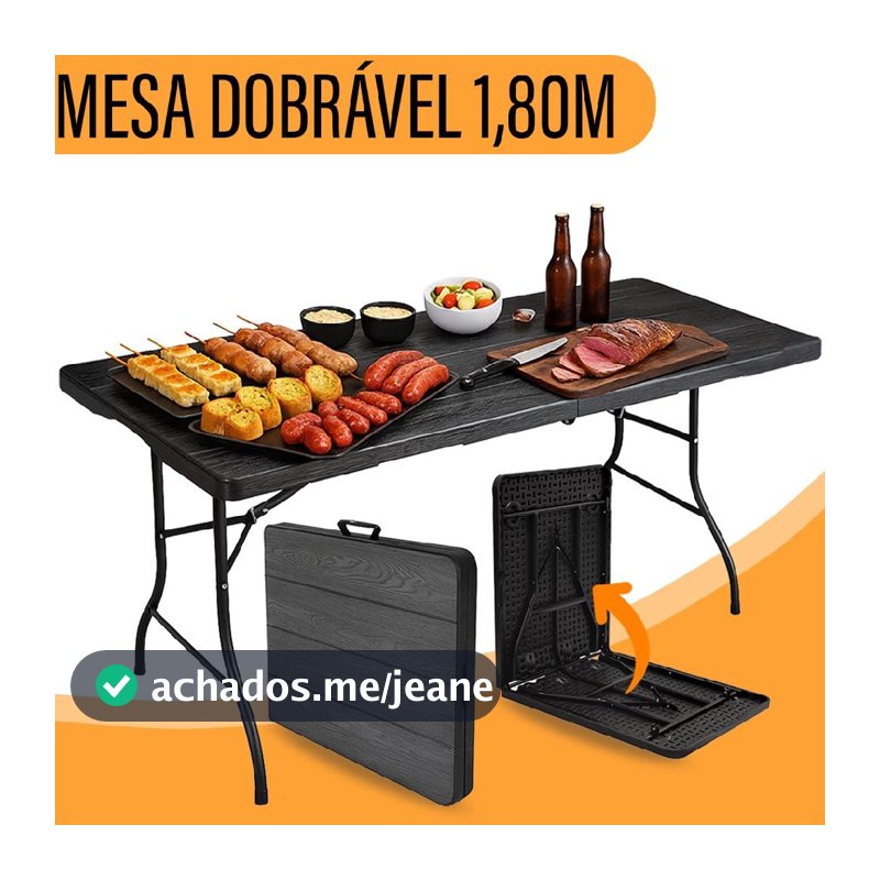 Mesa Dobrável 1,80M Vira Maleta C/ Alça Camping Praia Premium 180cm Portátil Preto Madeira - Yab