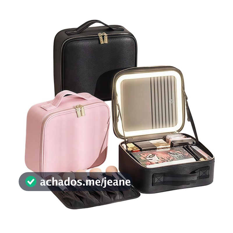 Maleta de Maquiagem com Espelho e Luz LED Organizador com Divisórias Ajustáveis Portátil para Viagem