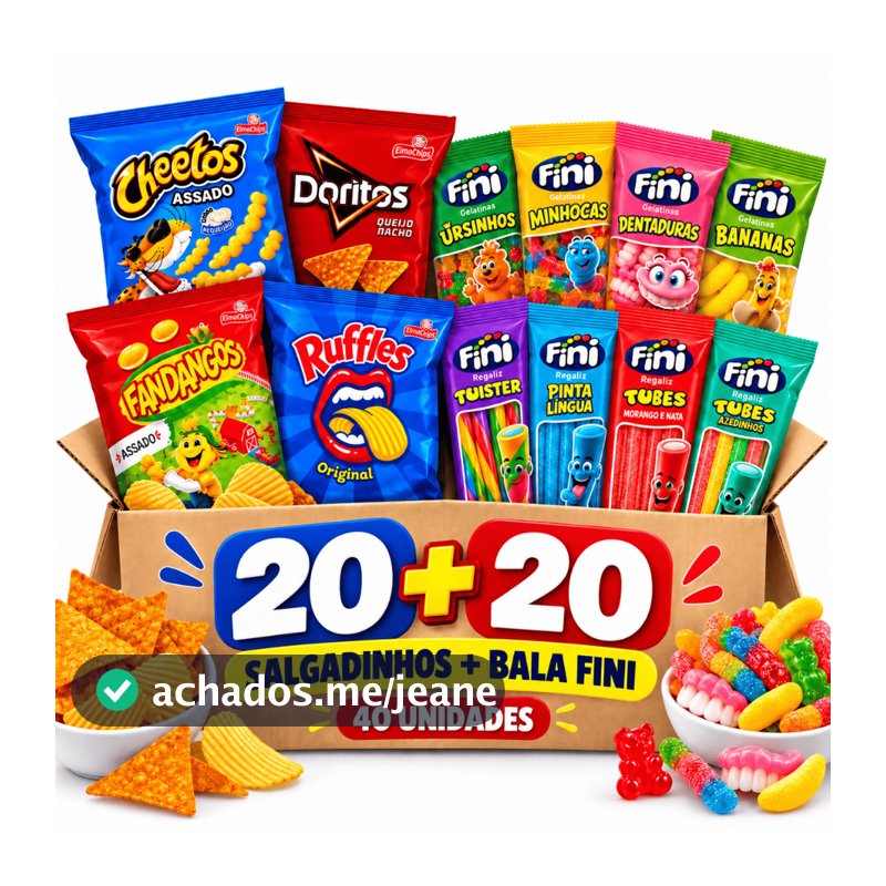 Kit 20 Salgadinhos Elma Chips + 20 Balas Fini ou Docile | Doritos Ruffles Cheetos Fandangos Sortidos Festa Lanche
