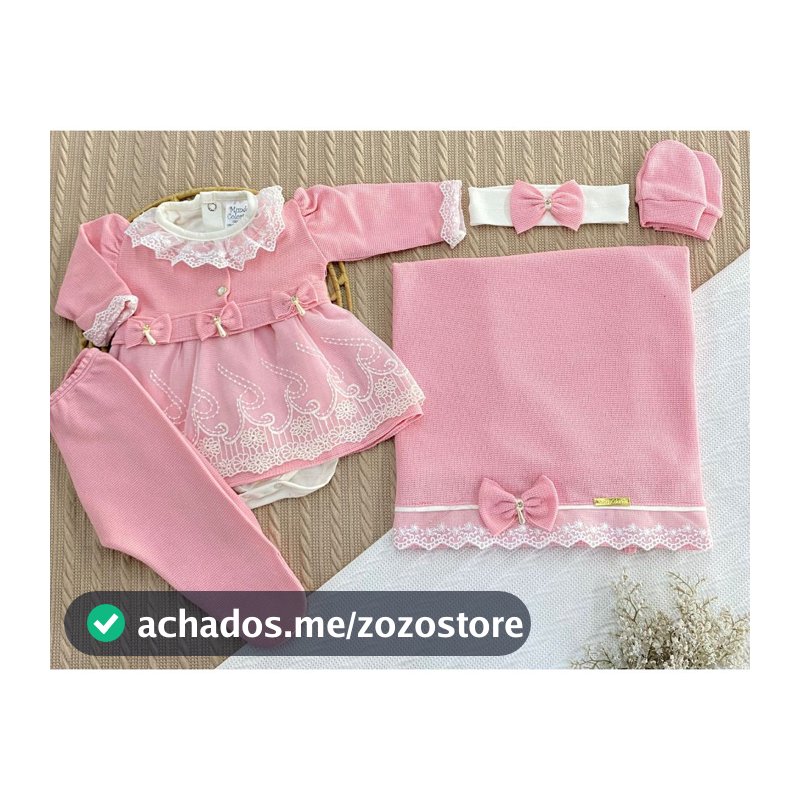 Saída de Maternidade Mundo Colorido – 6 Peças em Malha Tricô: Vestido, Body, Manta, Luvas e Tiara