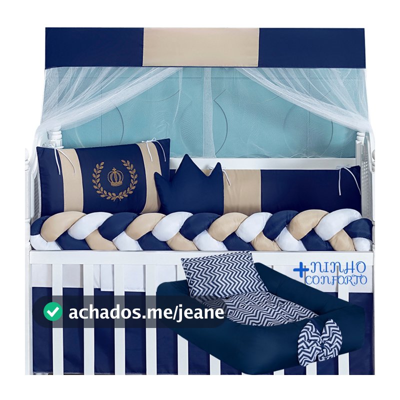 Kit Berço Bebê Menino Realeza Coroa Azul Marinho 15 Peças Completo + Ninho Redutor