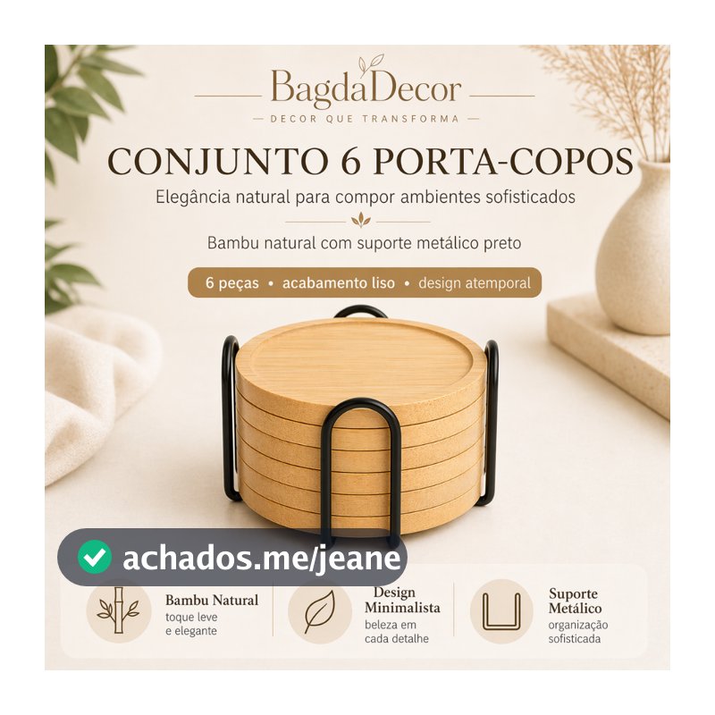 Porta Copo Bambu Redondo com Suporte de Ferro 4 ou 6 Unidades para Mesa, Cozinha, Sala e Bar