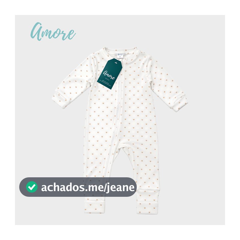 Macacão de Bebê Vira Pé Coração Bege 100% Algodão