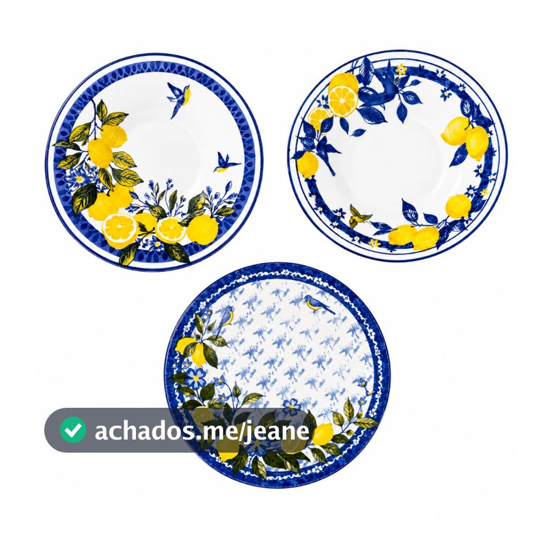 Jogo 6 Pratos Fundo Jantar Limão Siciliano Decorado Louça Cerâmica Resistente Lindo Premium 22cm
