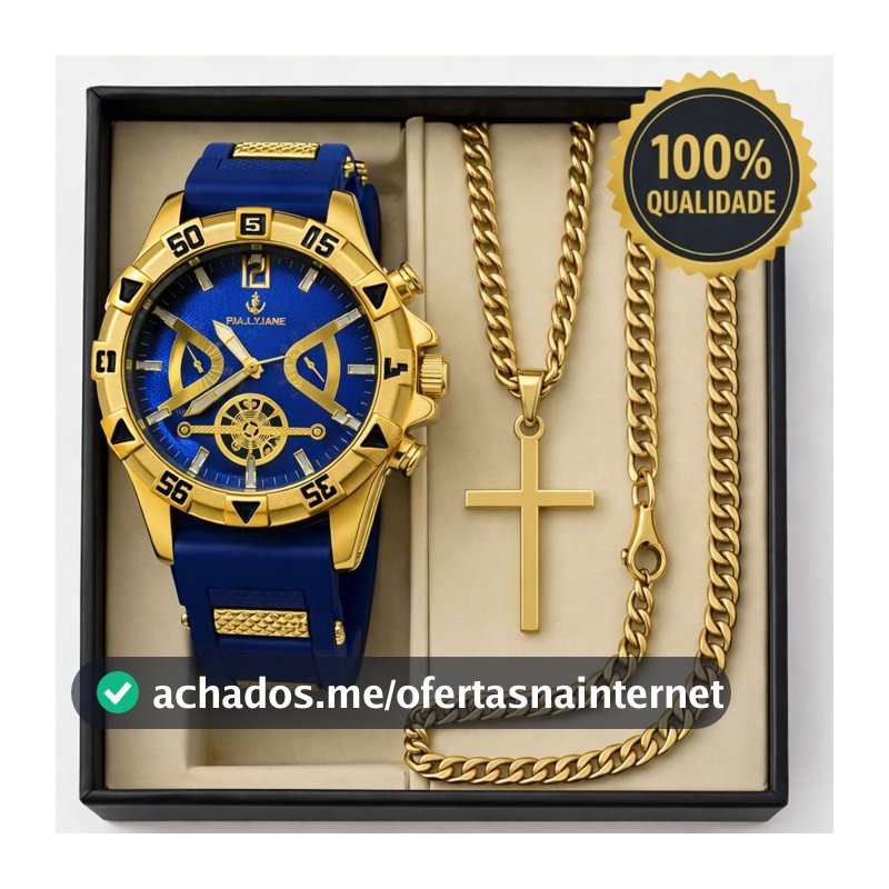 Relógio Masculino A Prova d' Água Banhado a Ouro Original + Colar com Cruz + Pingente + Pulseira