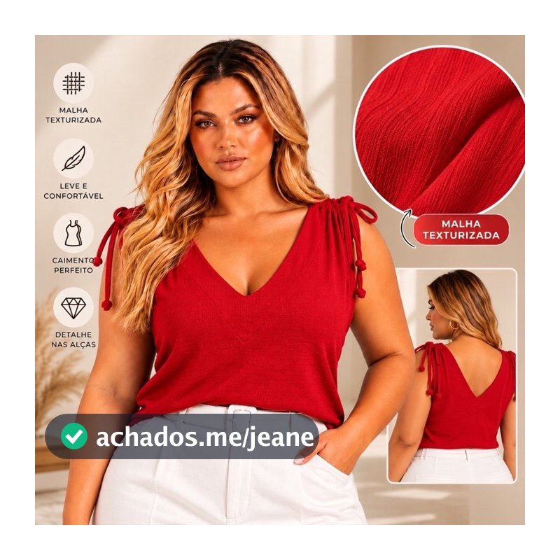 Blusa Feminina Malha Texturizada Decote V com Amarração nos Ombros Regata Elegante Moda Feminina Plus Size