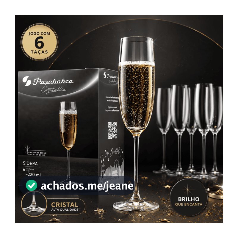 Taça Champagne Cristal 220ml Jogo 6 Unidades Premium Transparente Elegante Comemoração Festa Brinde