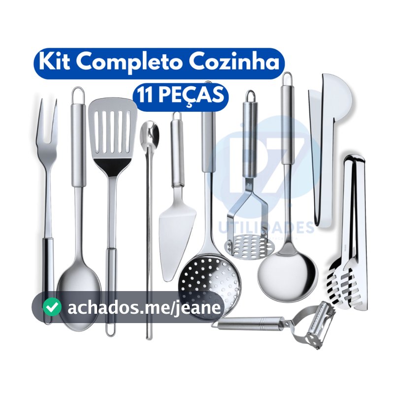 Kit Cozinha 11 Utencilios Inox Descascador de Legumes Amassador Batata Concha Talheres Escumadeira