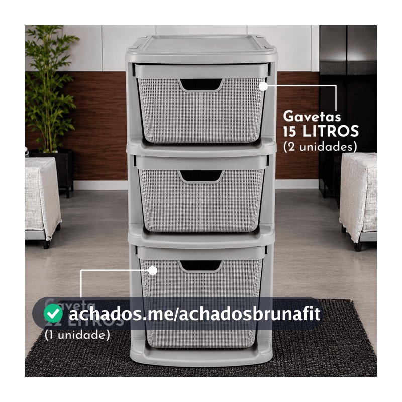 Gaveteiro Organizador Grande de Chão 15 Litros 22 Litros com 3 Gavetas em Plástico Juta Organização