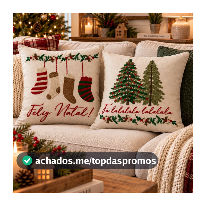 Kit 2 Capa de Almofada Natal decorativas Luxo Estampas Natalinas decoração de Sofá sala Papai Noel Renas Linho 43x43cm