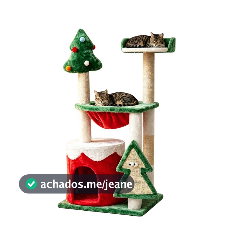 Torre Arranhador Natalina para Gatos 90cm Vermelho Verde Casa, Arranhador de Natal para Gatos 90cm, Torre com Casinha