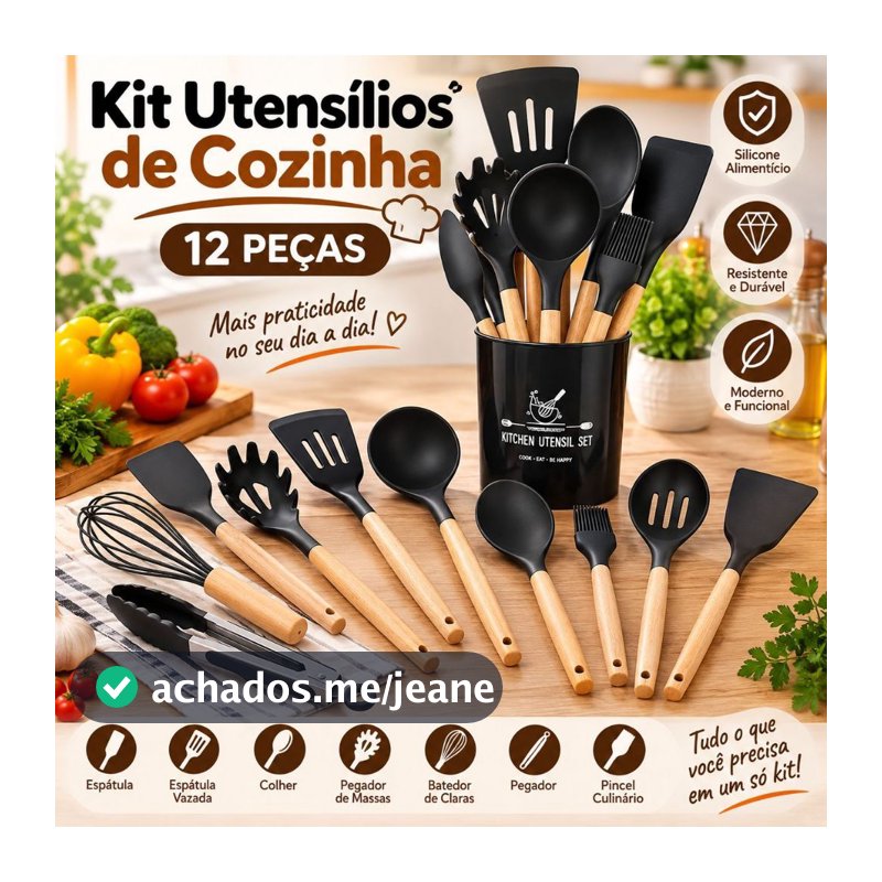 Kit de Utensílios Completo Em Silicone Cabo de Madeira Resistentes ao Calor Design Moderno