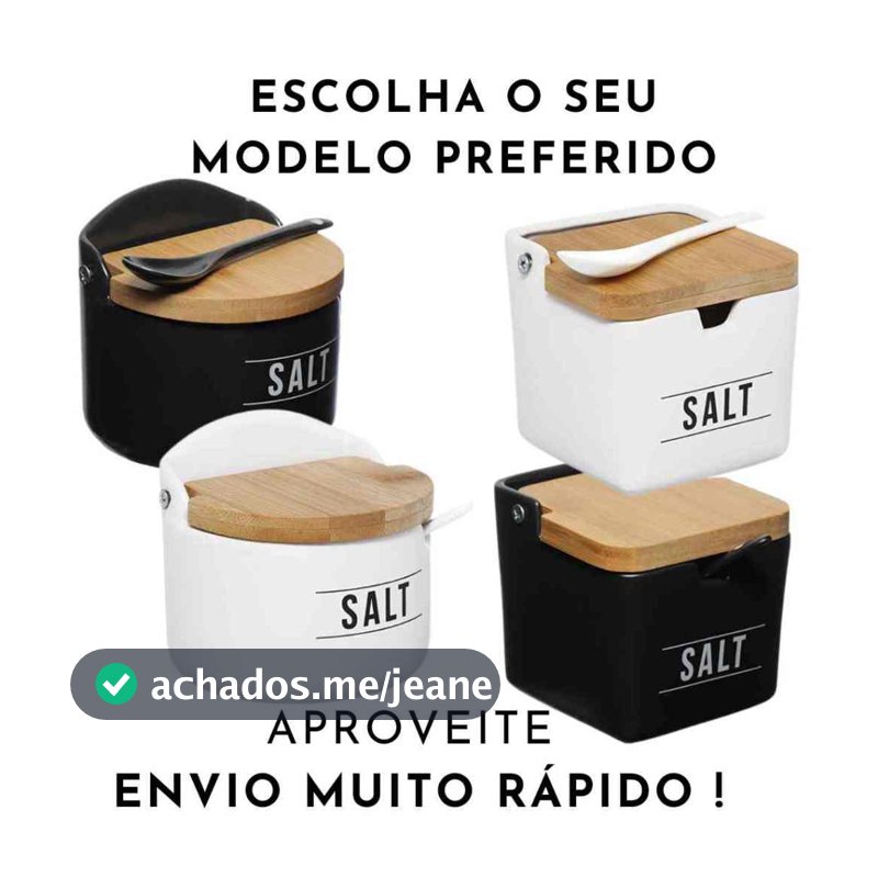 Saleiro de Cerâmica com Tampa de Bambu e Colher – Design Nórdico Moderno Porcelana Sal Vidro Madeira
