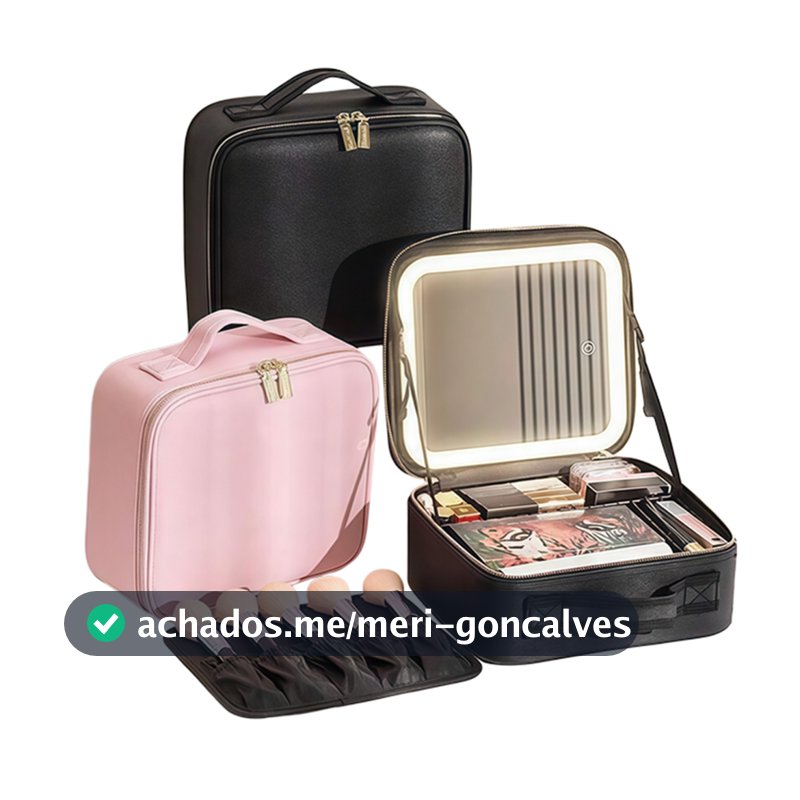 Maleta de Maquiagem com Espelho e Luz LED Organizador com Divisórias Ajustáveis Portátil para Viagem -Q10