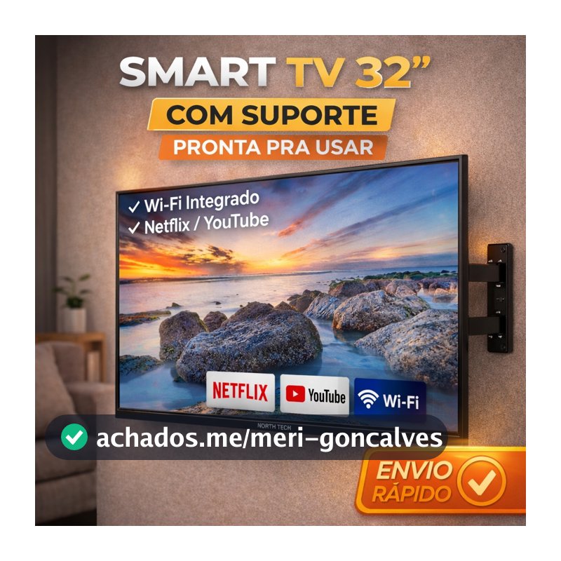 Smart TV 32" North Tech WiFi Bluetooth Netflix YouTube HDMI Tela Fina + Suporte de Parede Universal