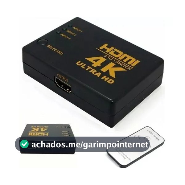 Hub Switch Splitter Divisor Hdmi 3 Portas Ultra Hd 4k Com Controle Remoto